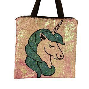 Pink Green Iridescent Unicorn Magic Sequin Tote Bag 14 1/2 x 15" Black Back
